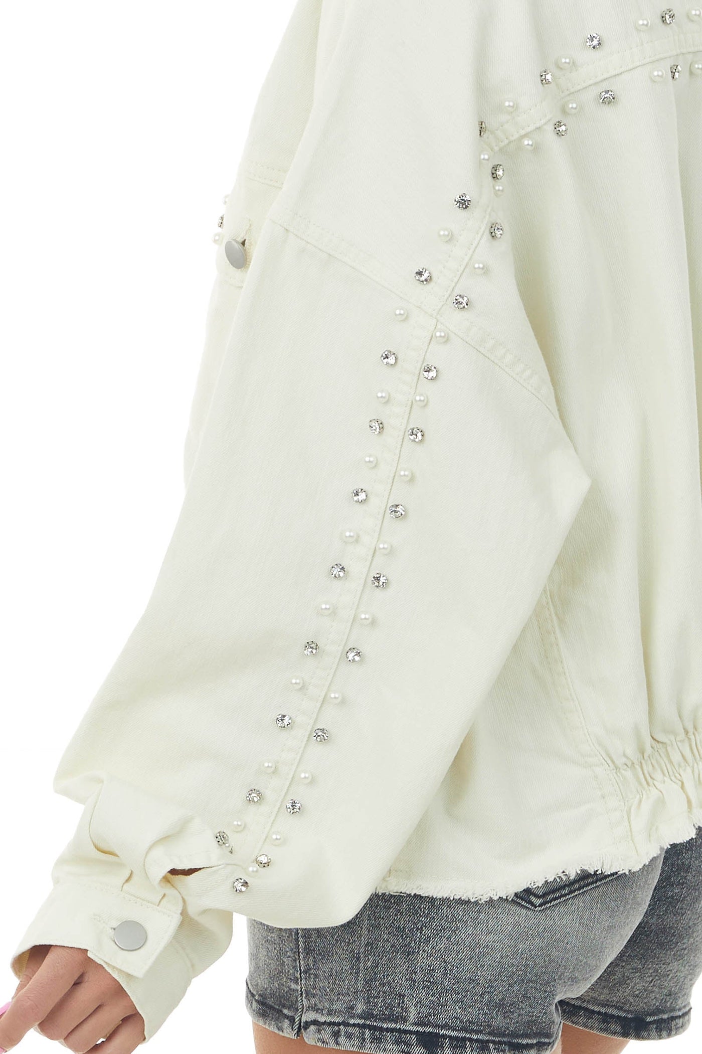 Vanilla Beaded Pearl Frayed Denim Jacket