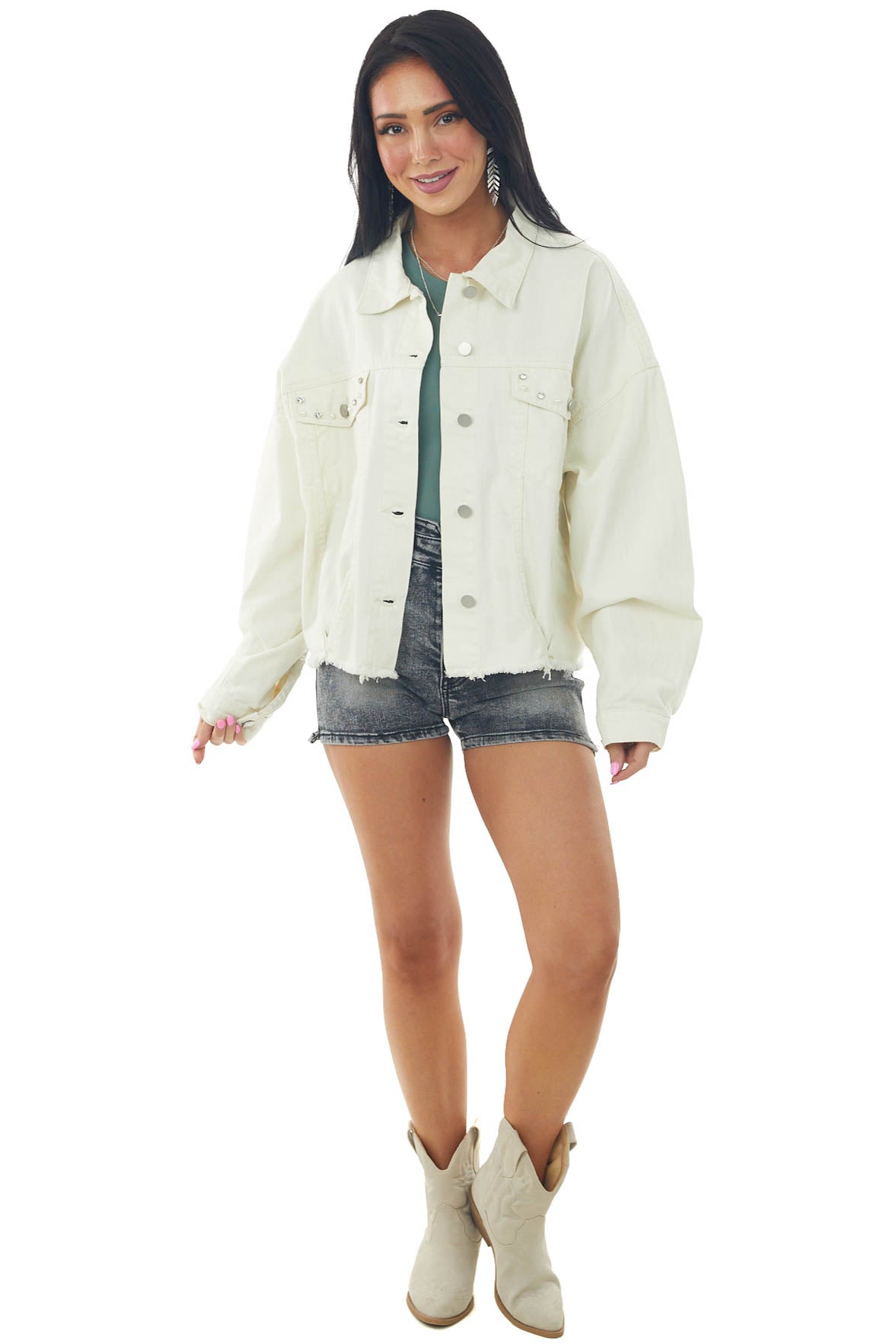 Vanilla Beaded Pearl Frayed Denim Jacket