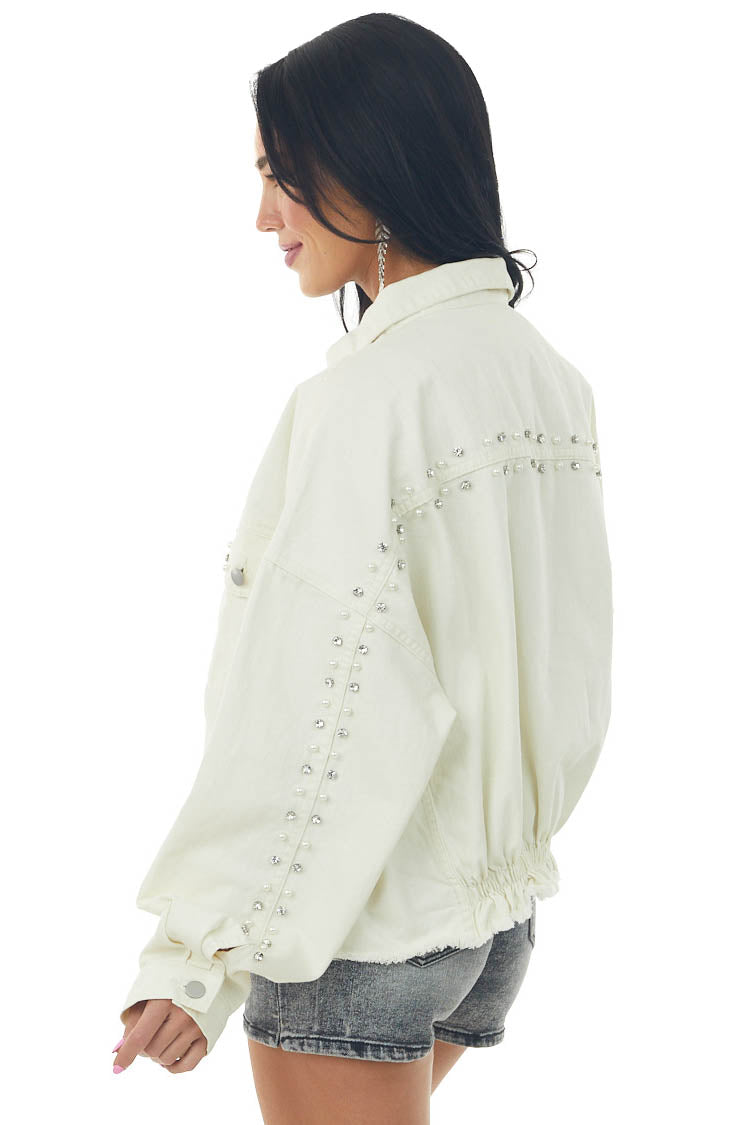Vanilla Beaded Pearl Frayed Denim Jacket