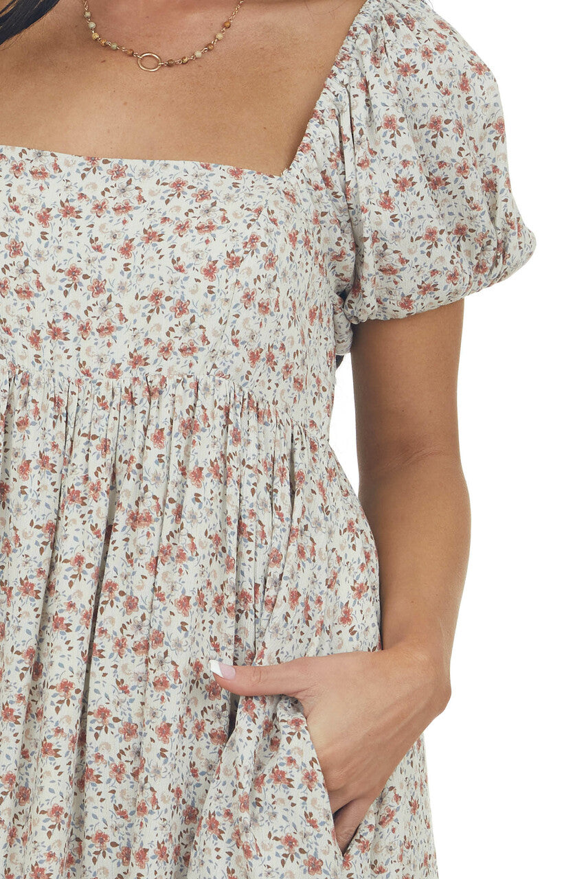 Vanilla Ditsy Floral Square Neck Short Dress