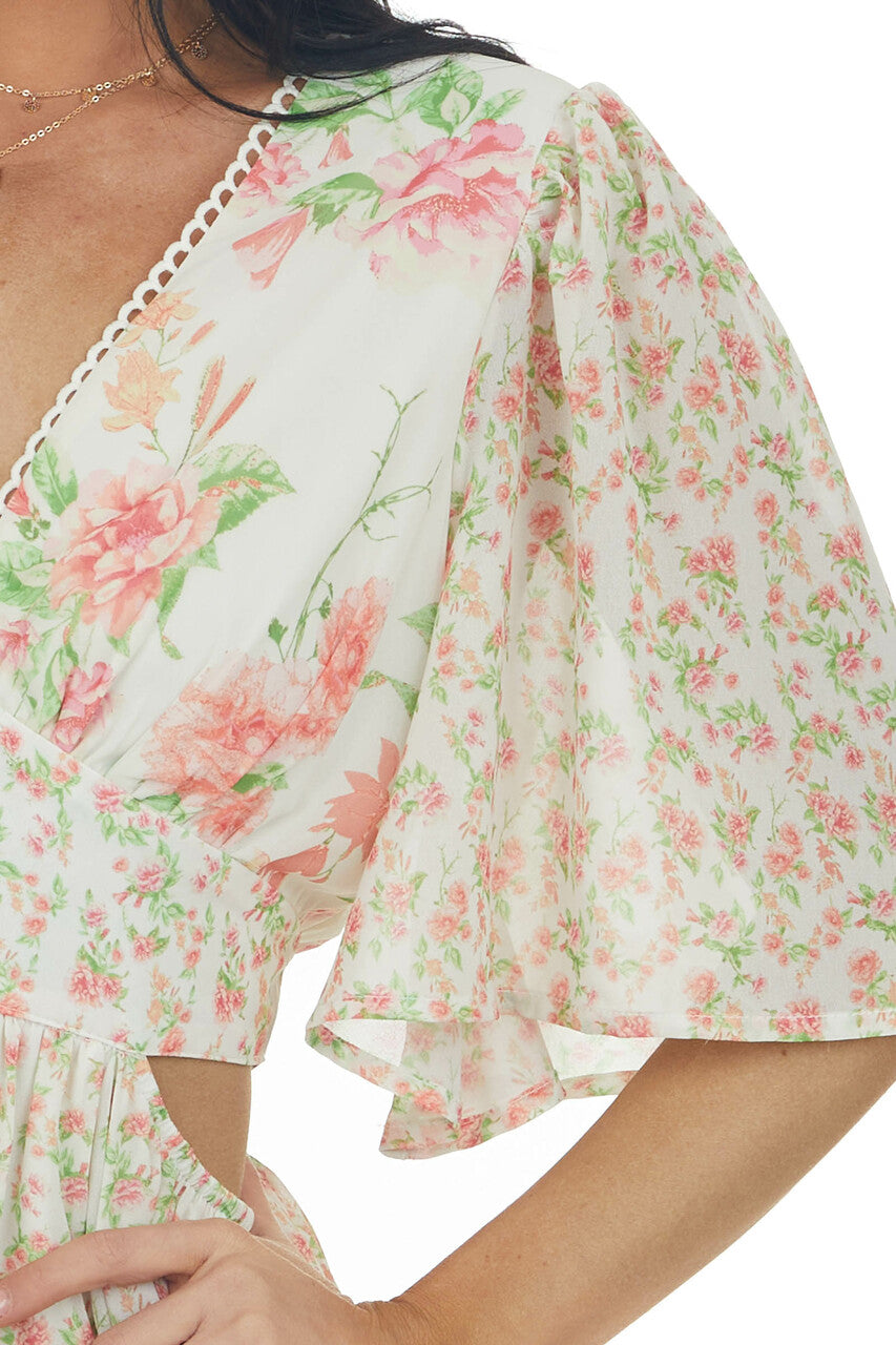 Vanilla Floral Multiprint V Neck Mini Dress 