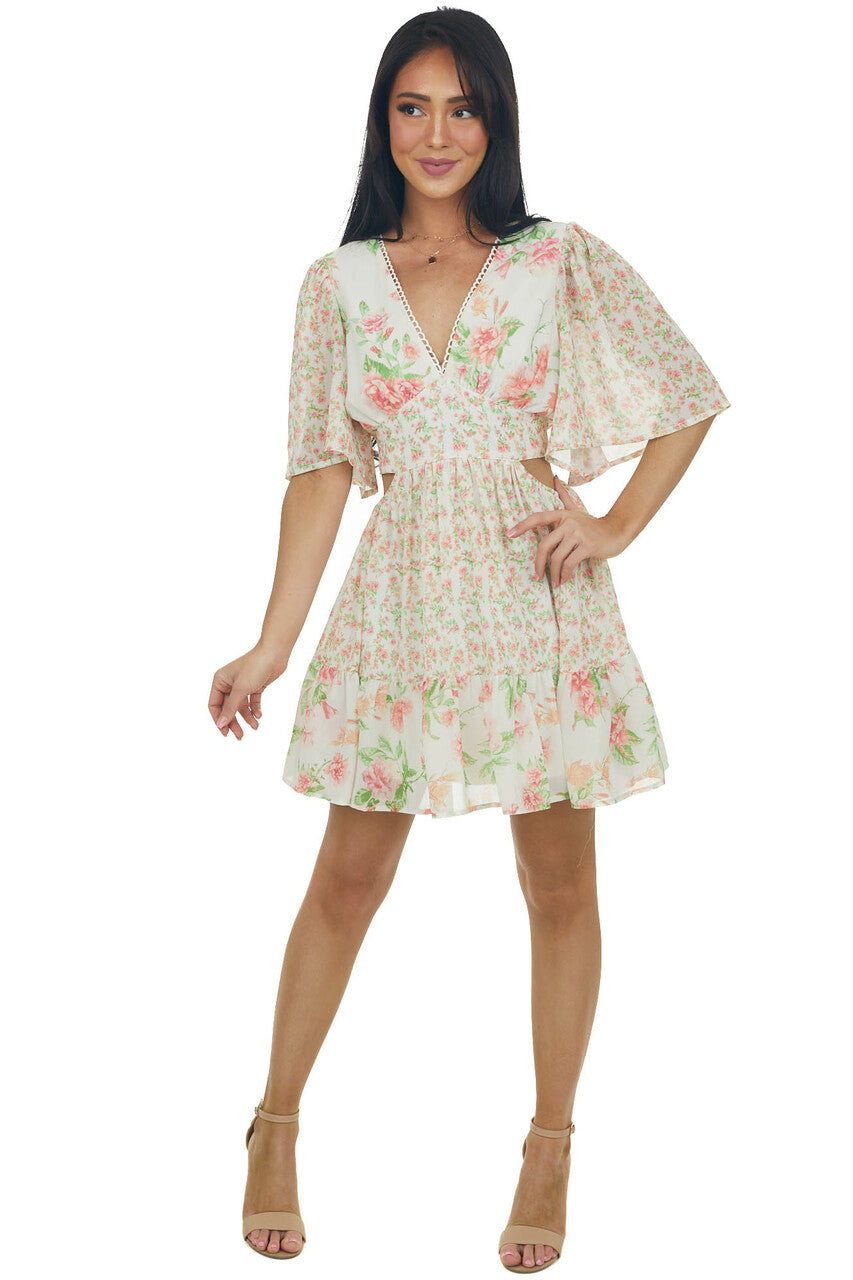 Vanilla Floral Multiprint V Neck Mini Dress 