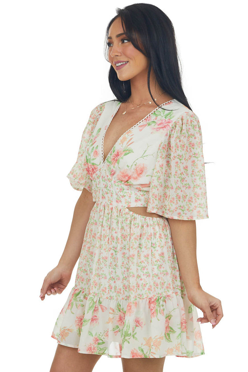 Vanilla Floral Multiprint V Neck Mini Dress 