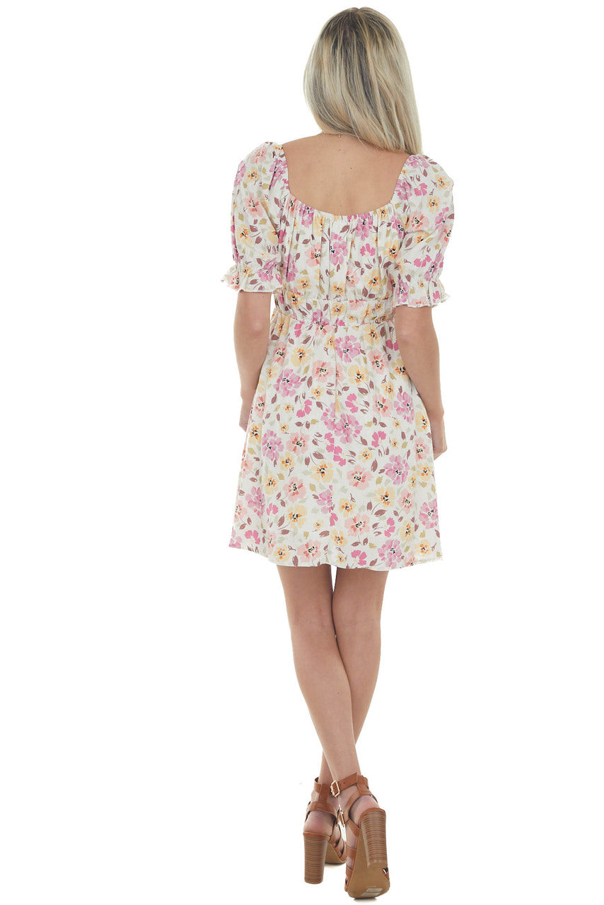 Vanilla Floral Print Puff Sleeve Short Dress