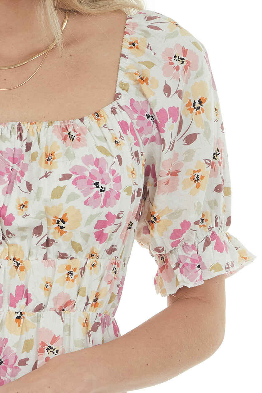 Vanilla Floral Print Puff Sleeve Short Dress
