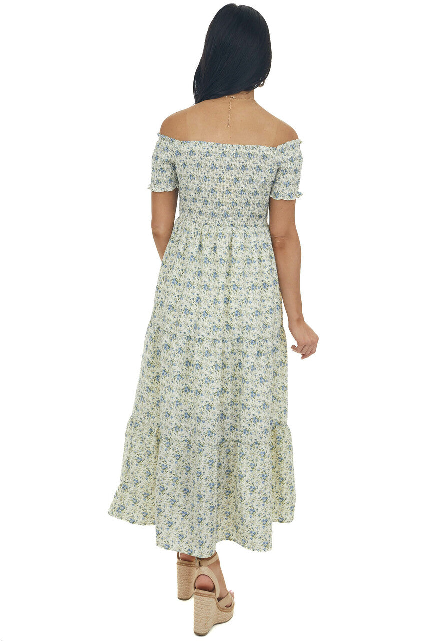 Vanilla Floral Smocked Cap Sleeve Midi Dress