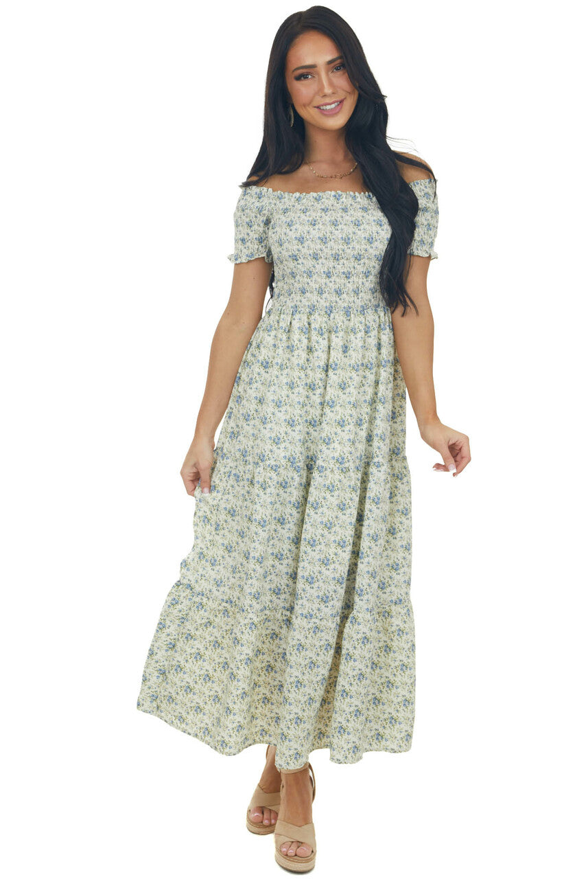 Vanilla Floral Smocked Cap Sleeve Midi Dress