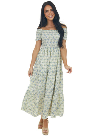 Vanilla Floral Smocked Cap Sleeve Midi Dress
