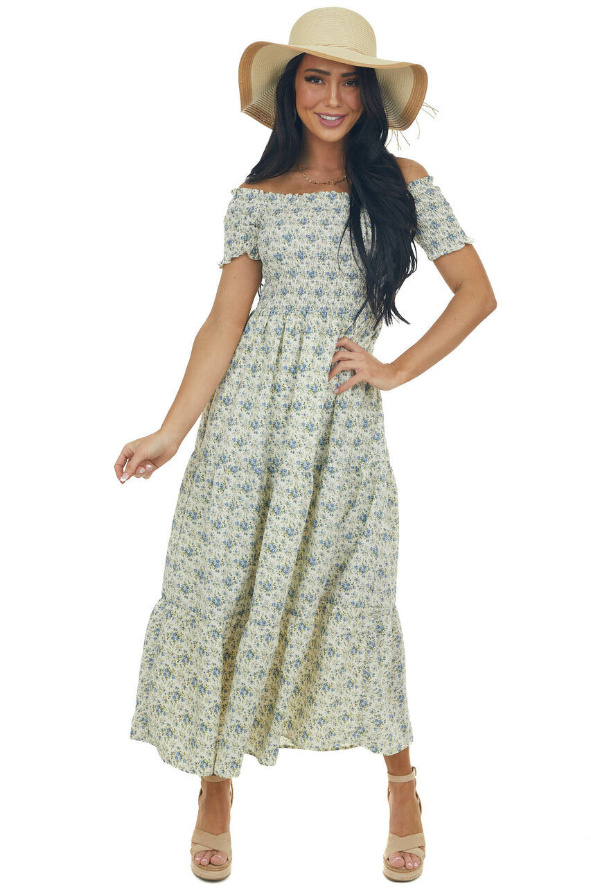 Vanilla Floral Smocked Cap Sleeve Midi Dress