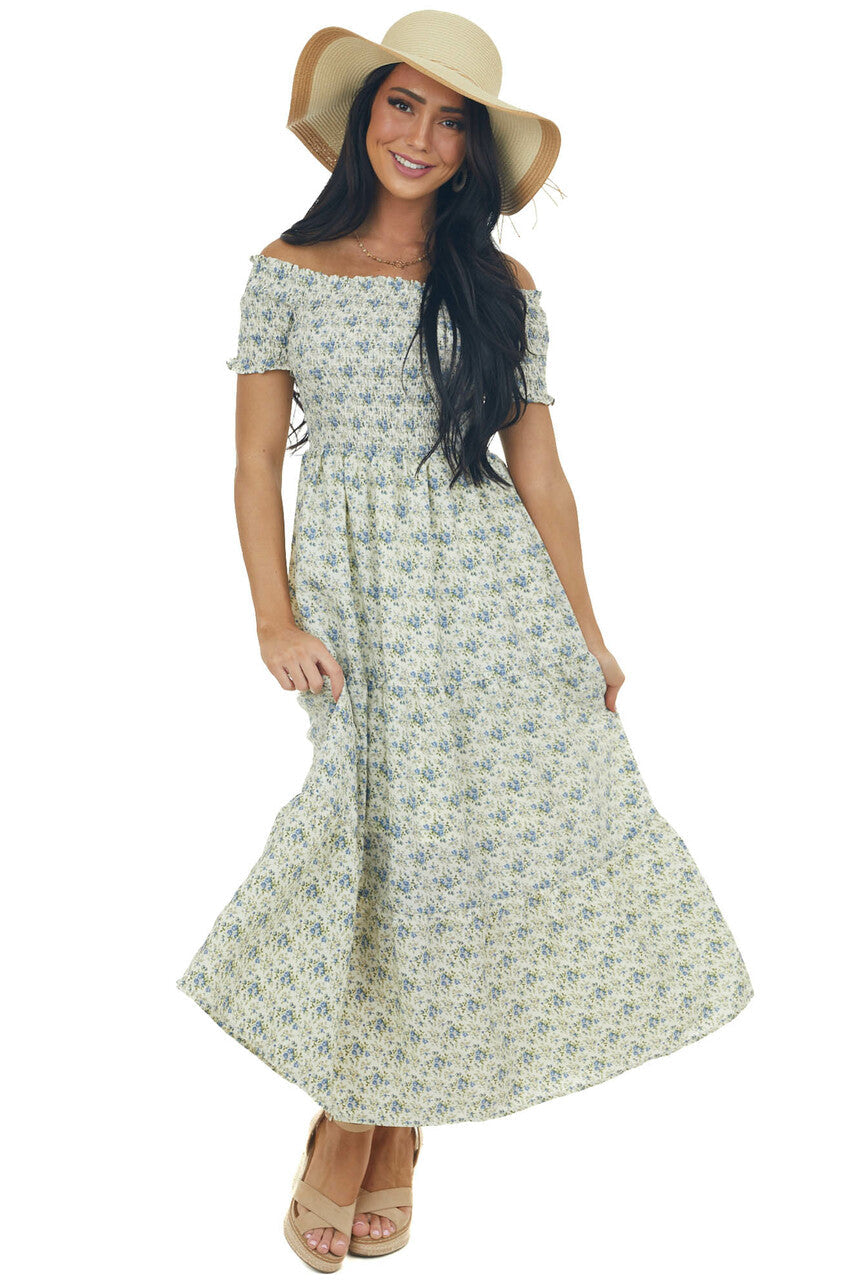 Vanilla Floral Smocked Cap Sleeve Midi Dress
