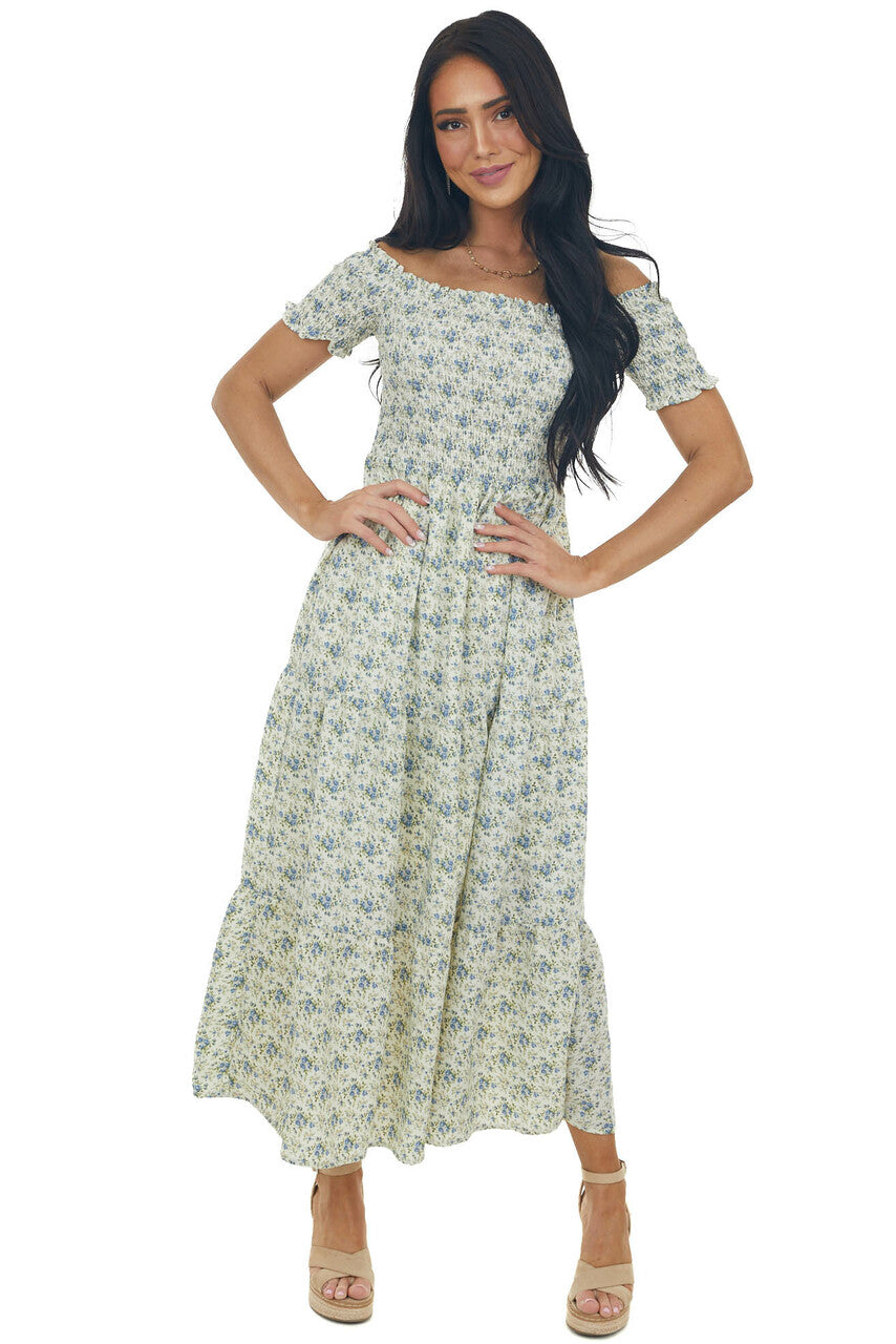 Vanilla Floral Smocked Cap Sleeve Midi Dress
