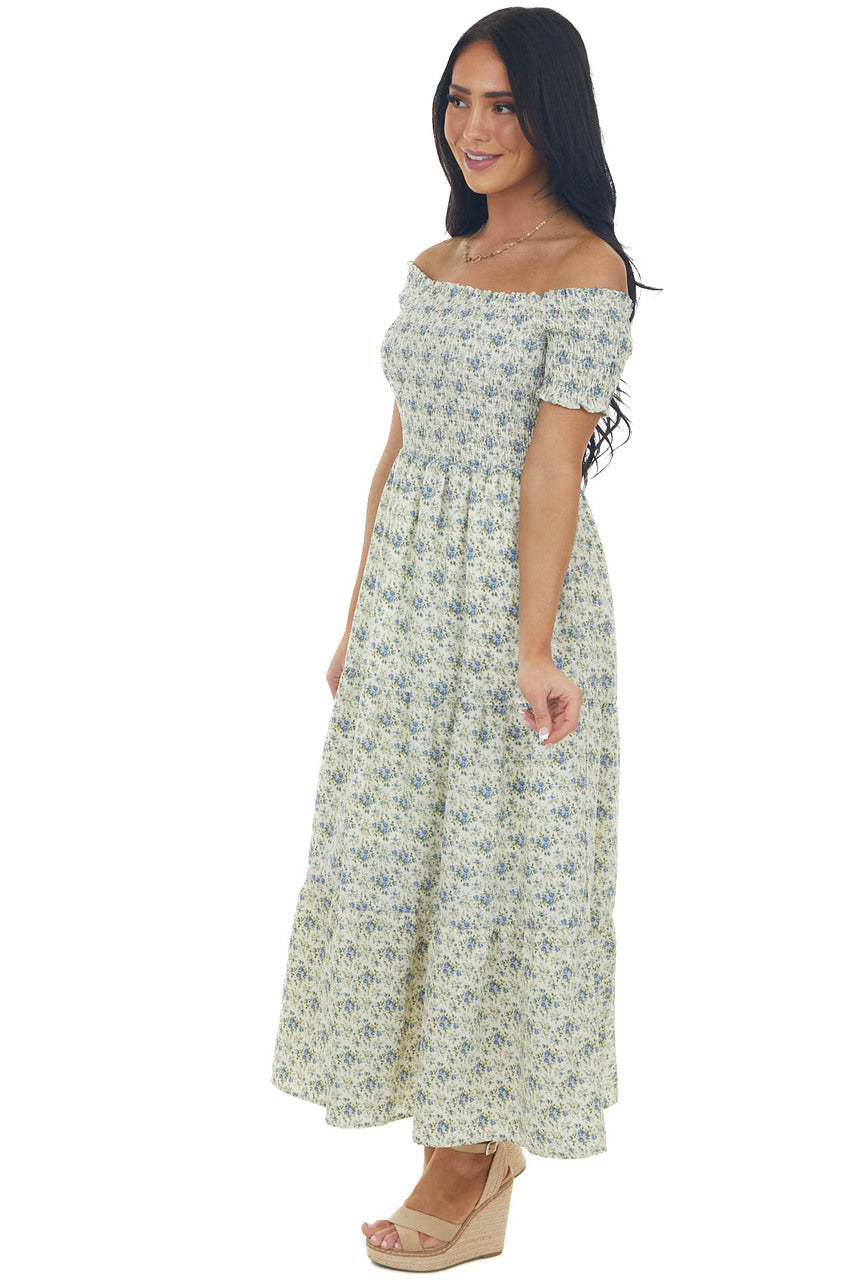 Vanilla Floral Smocked Cap Sleeve Midi Dress