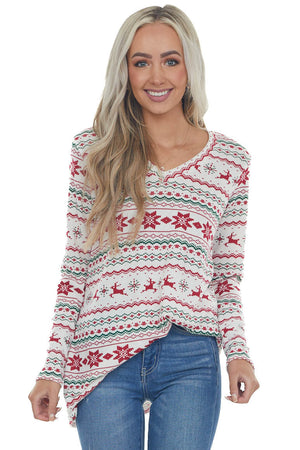 Vanilla Holiday Print V Neck Knit Top