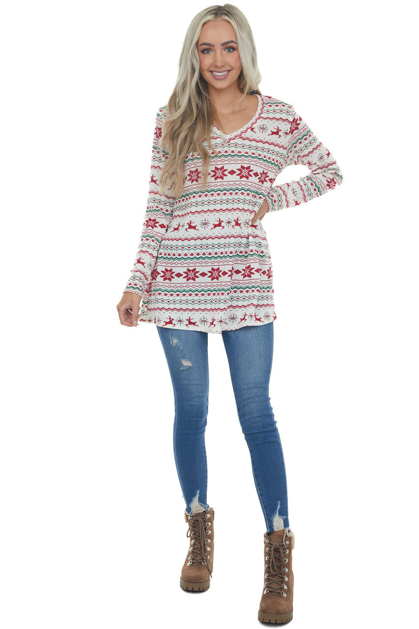 Vanilla Holiday Print V Neck Knit Top