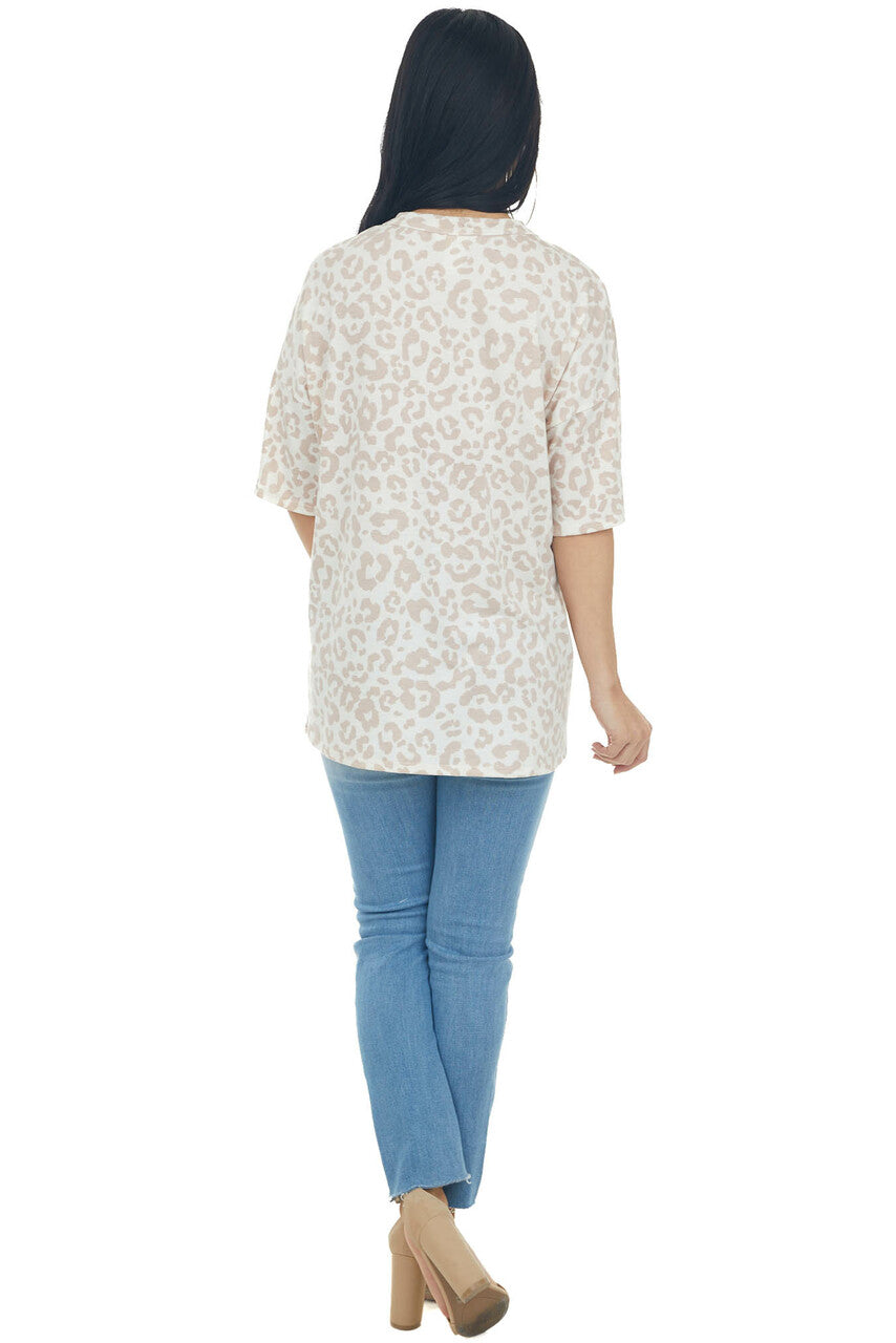 Vanilla Leopard Print Knit Tee with Cut Out Neckline Detail
