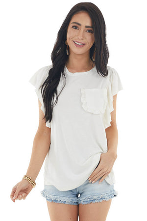 Vanilla Short Ruffled Sleeve Knit Top with Ruffled Pocket