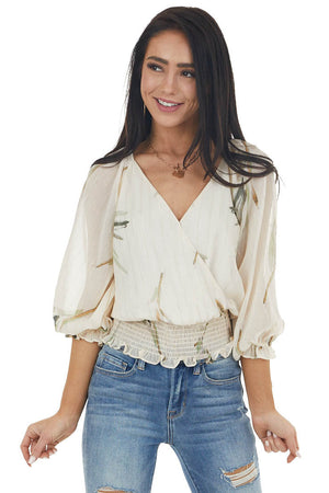 Vanilla Woven Surplice Top with Abstract Leaf Details