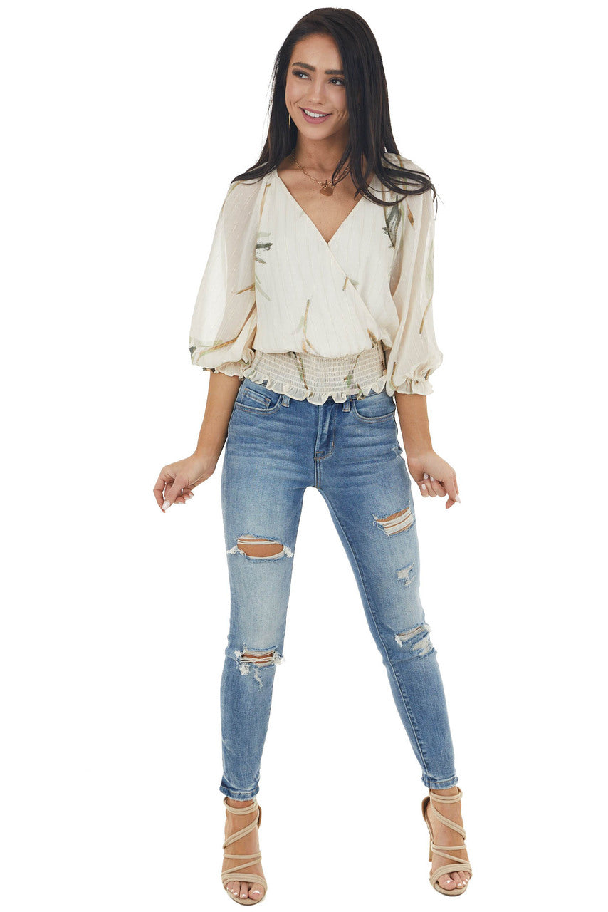 Vanilla Woven Surplice Top with Abstract Leaf Details