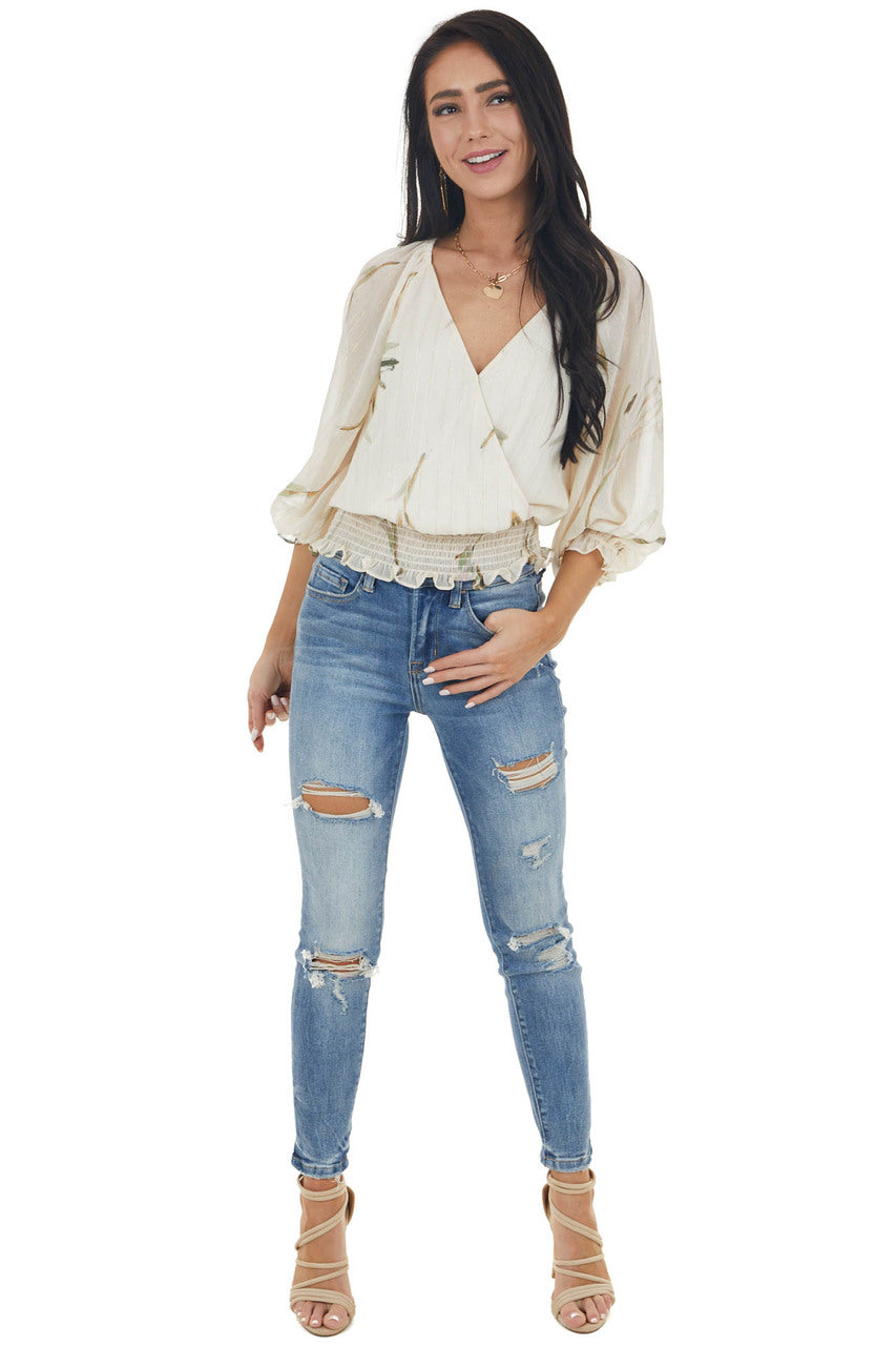 Vanilla Woven Surplice Top with Abstract Leaf Details