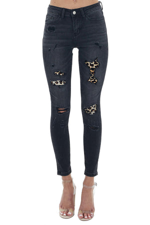 Vintage Black High Waisted Velvet Leopard Patch Skinny Jeans