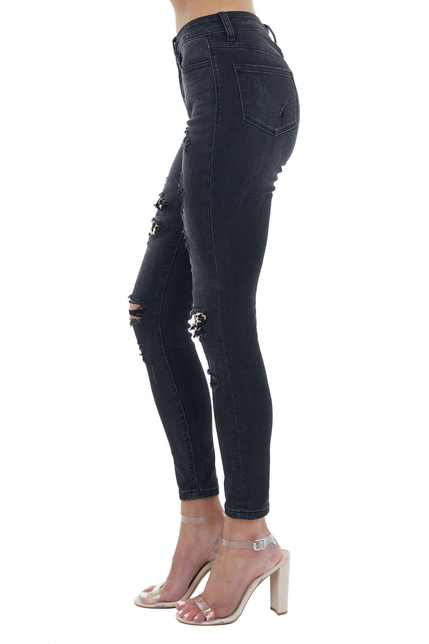 Vintage Black High Waisted Velvet Leopard Patch Skinny Jeans