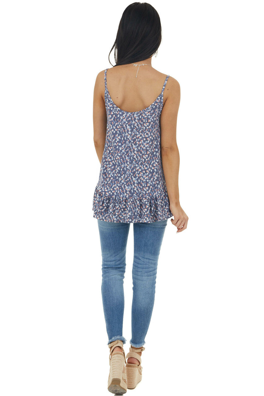 Vintage Navy Printed Sleeveless Knit Top with Ruffle Hemline