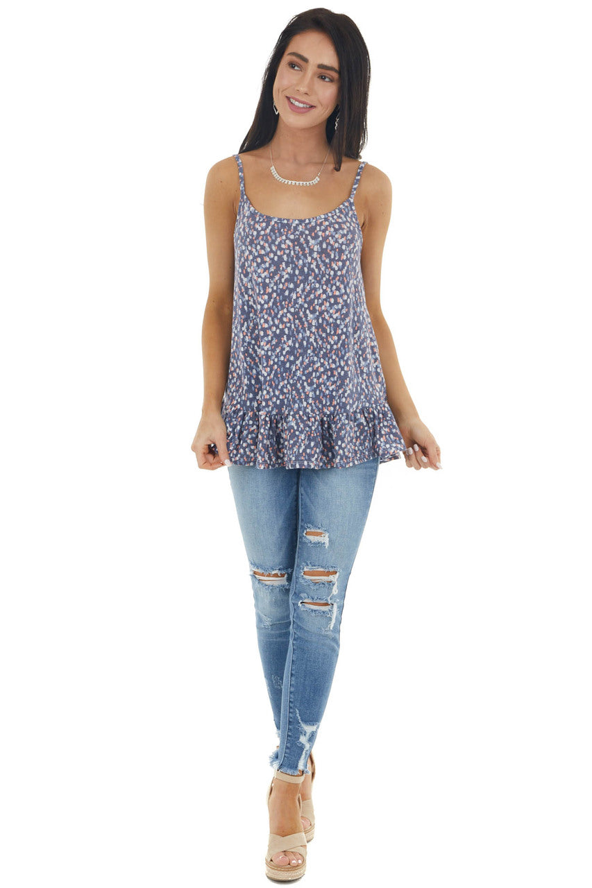 Vintage Navy Printed Sleeveless Knit Top with Ruffle Hemline