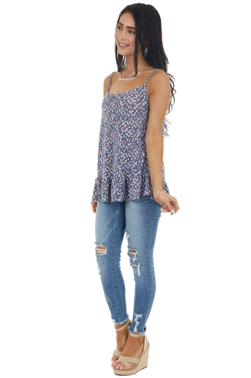 Vintage Navy Printed Sleeveless Knit Top with Ruffle Hemline