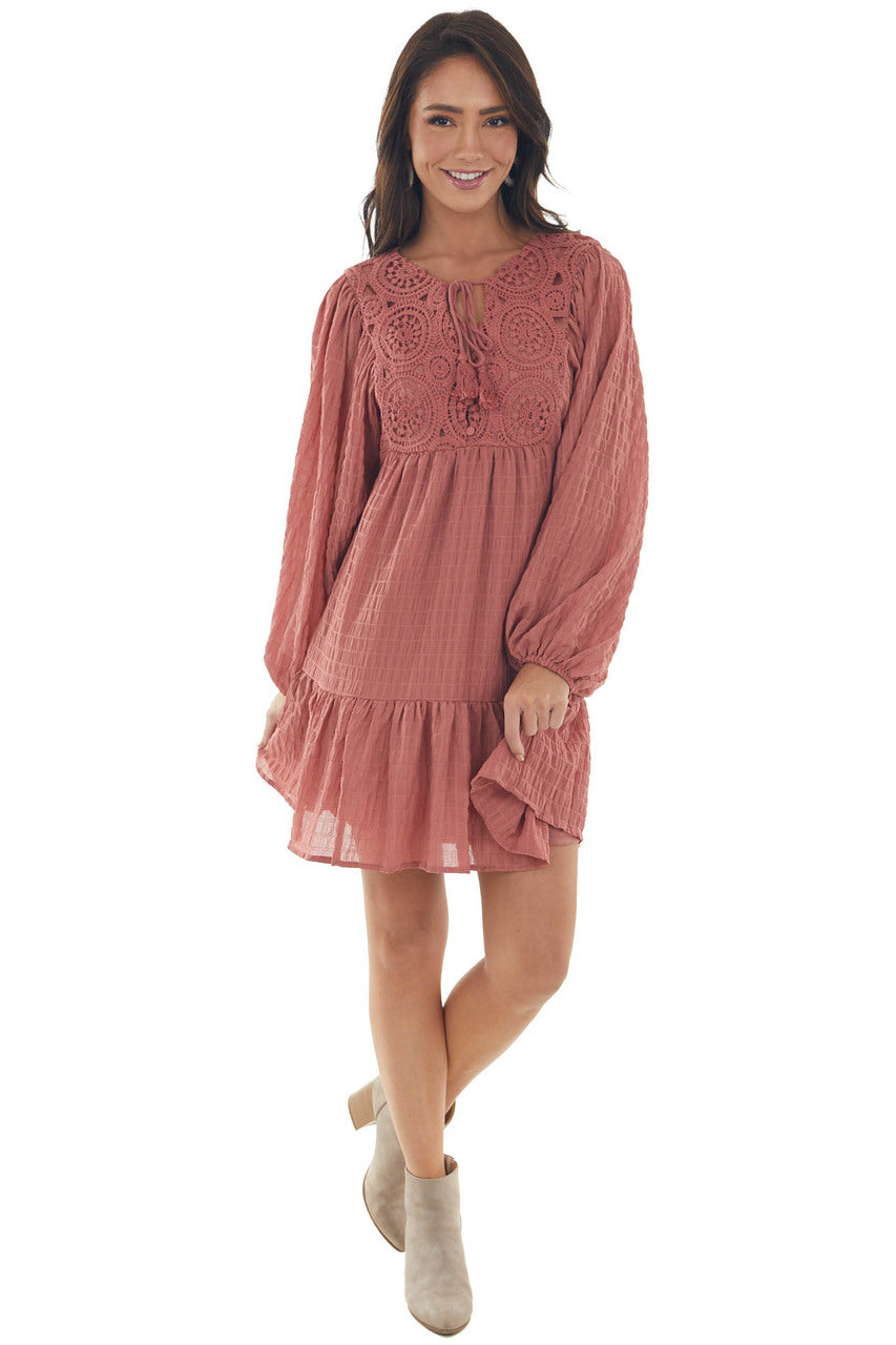 Vintage Rose Textured Puff Sleeve Lace Dress 