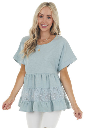 Vintage Seafoam Drop Waist Tiered Knit Top with Lace Detail