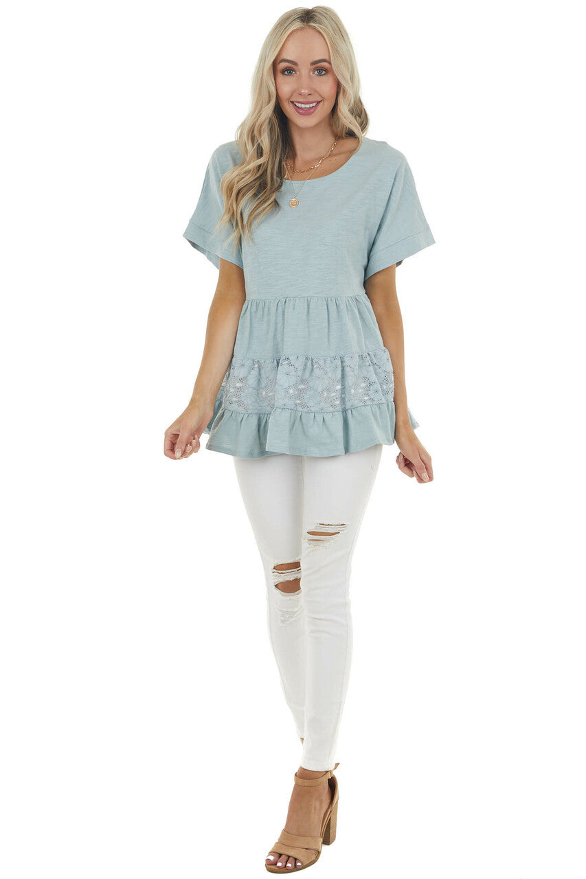Vintage Seafoam Drop Waist Tiered Knit Top with Lace Detail