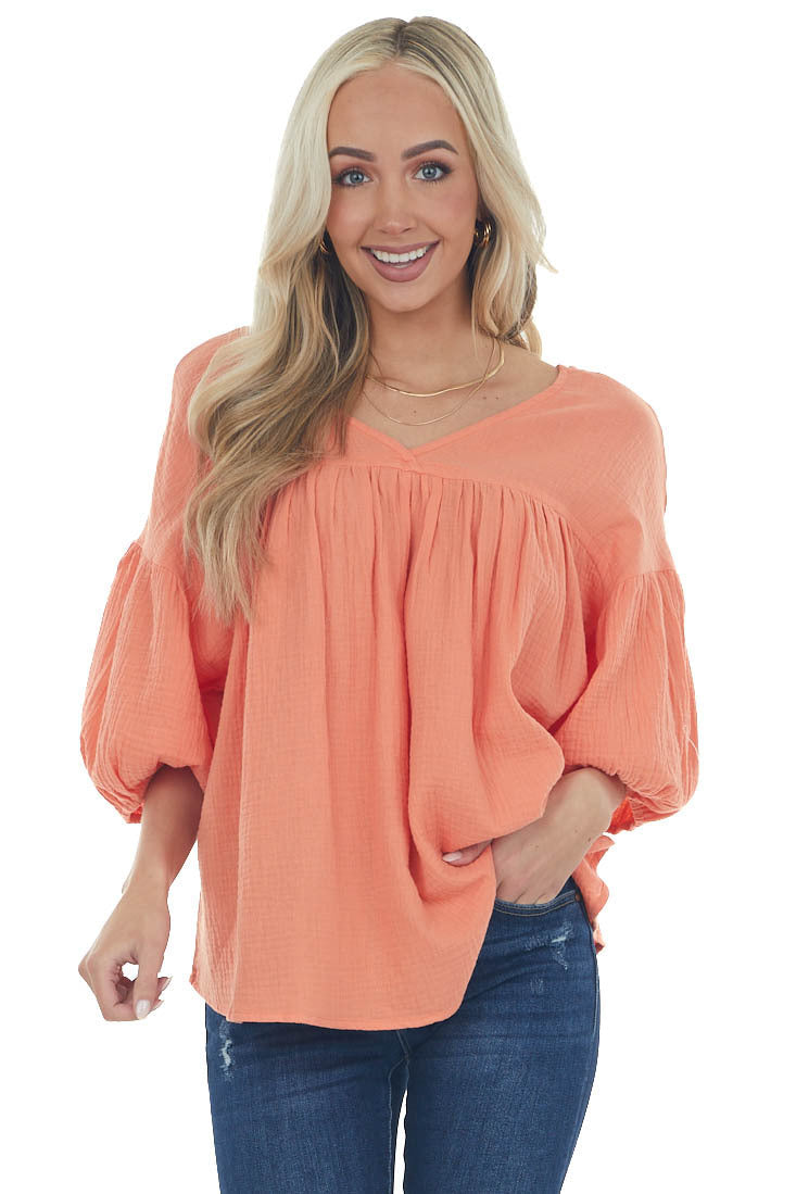 Vivid Salmon Textured V Neck Babydoll Top