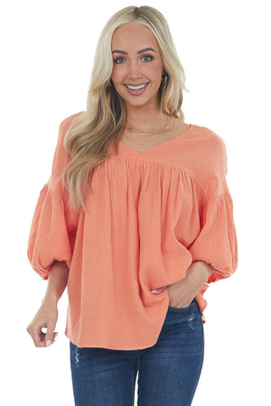 Vivid Salmon Textured V Neck Babydoll Top
