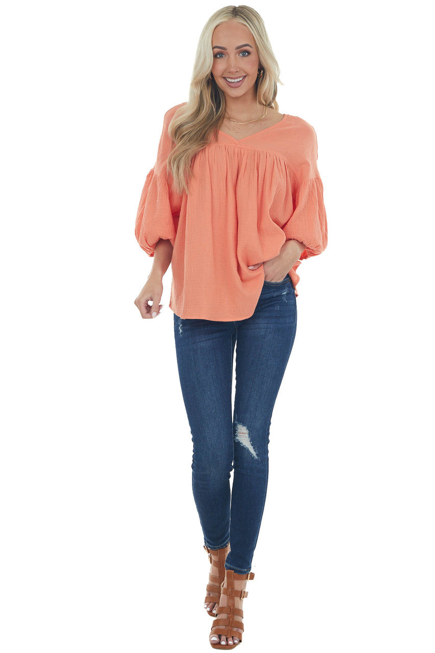 Vivid Salmon Textured V Neck Babydoll Top