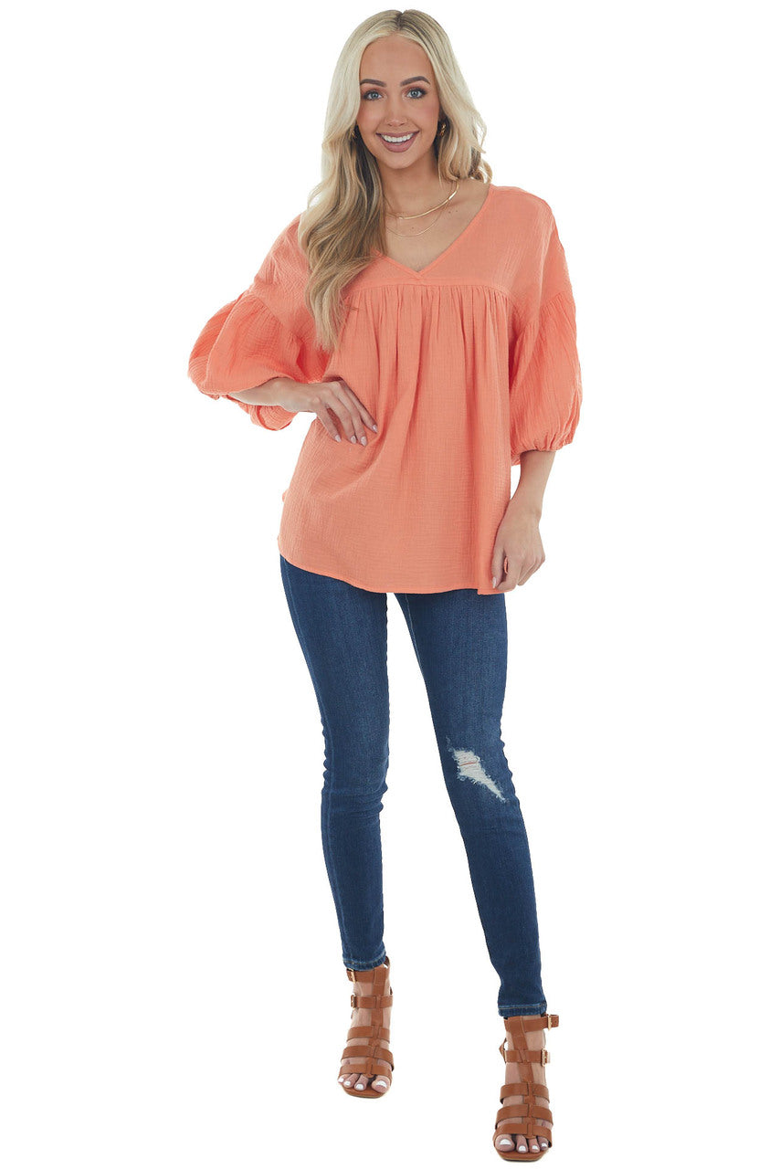 Vivid Salmon Textured V Neck Babydoll Top