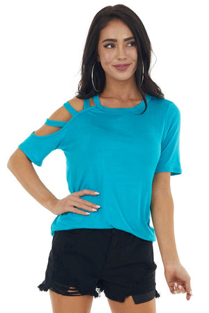 Vivid Sea Blue One Caged Sleeve Soft Short Sleeve Knit Top 