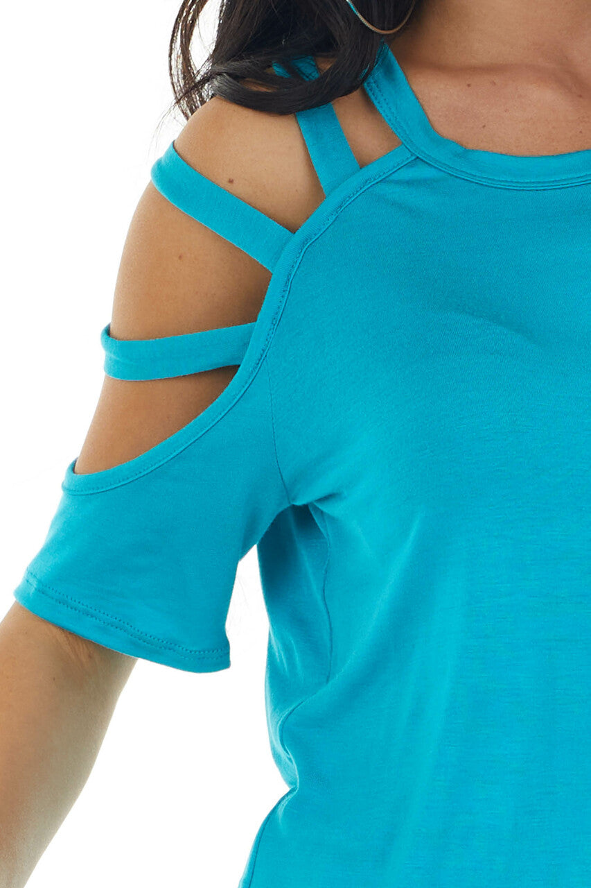 Vivid Sea Blue One Caged Sleeve Soft Short Sleeve Knit Top 