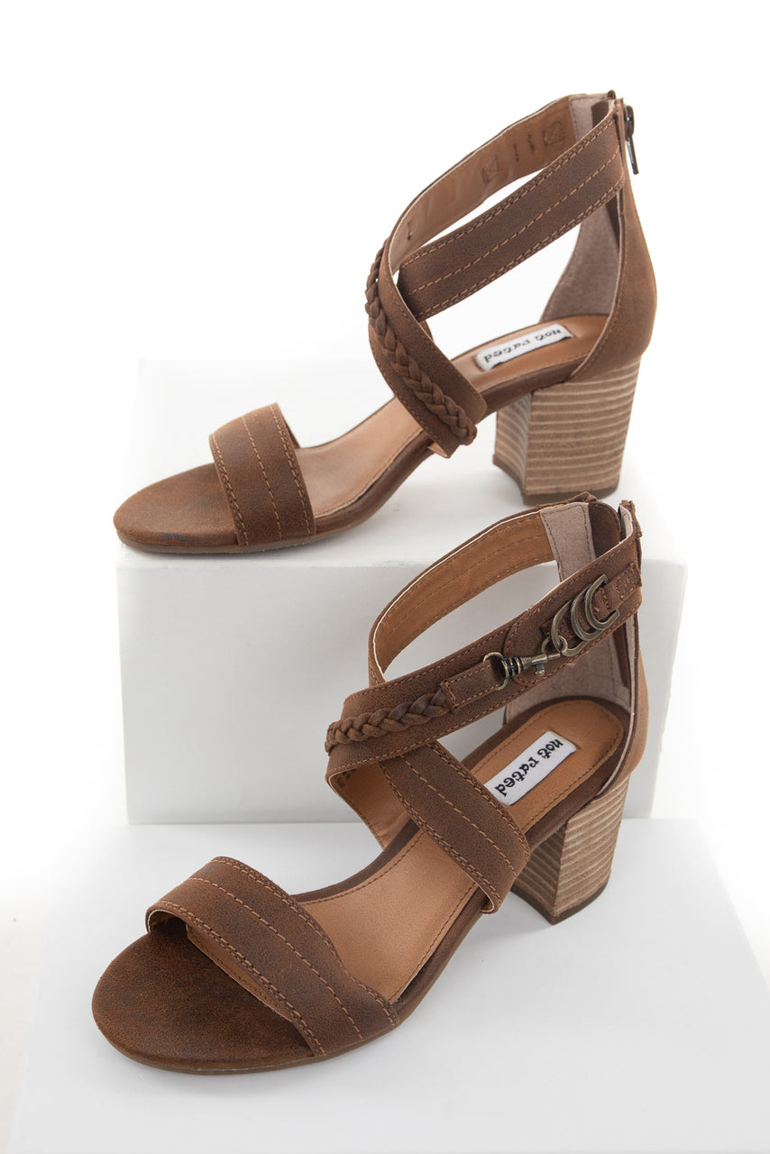 Walnut Criss Cross Strap Block Heel with Braided Detail 