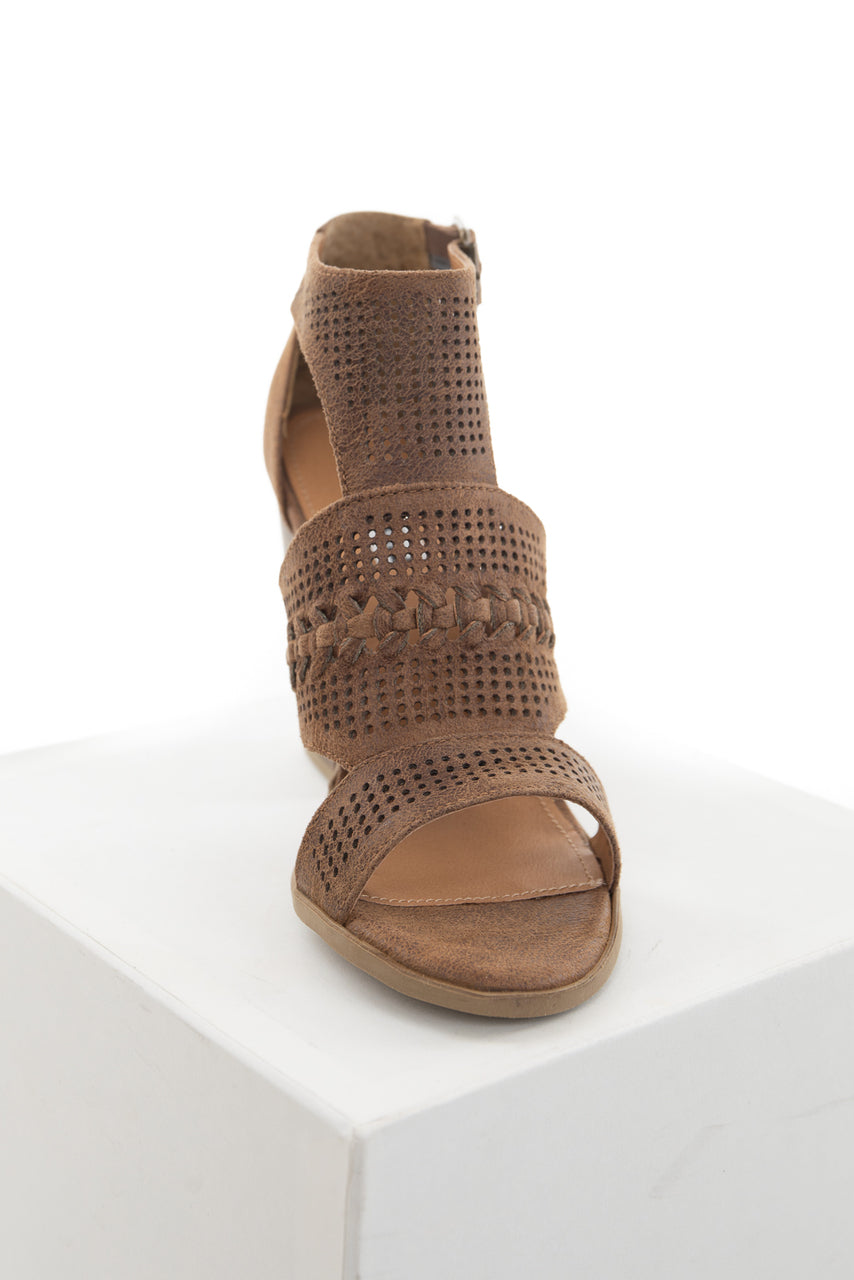 Walnut Faux Suede Open Toe High Heel with Buckle Detail 