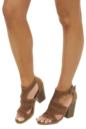 Walnut Faux Suede Open Toe High Heel with Buckle Detail 