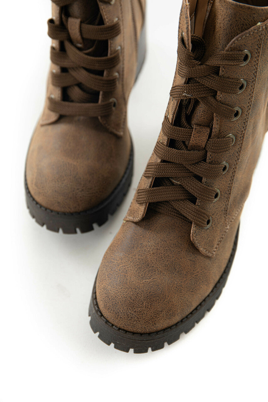 Warm Walnut Faux Leather Lace Up Combat Boots