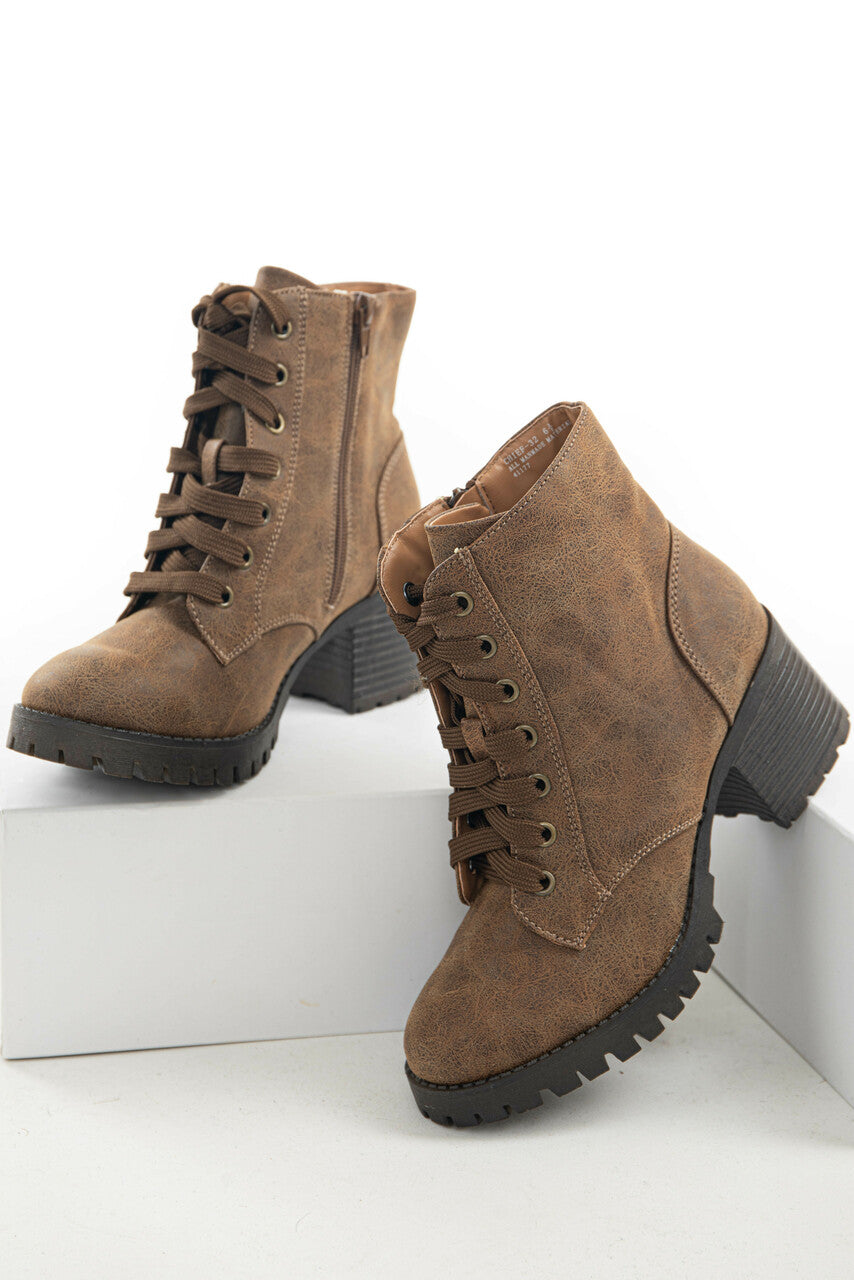 Warm Walnut Faux Leather Lace Up Combat Boots