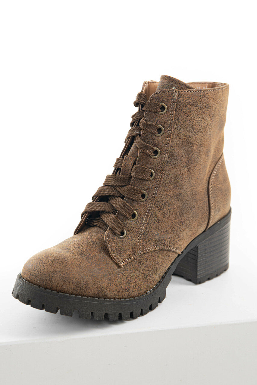Warm Walnut Faux Leather Lace Up Combat Boots