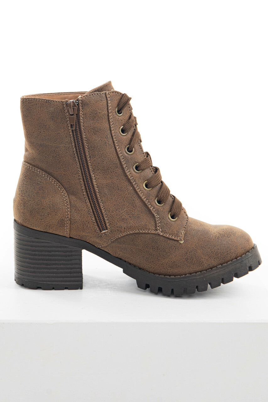 Warm Walnut Faux Leather Lace Up Combat Boots