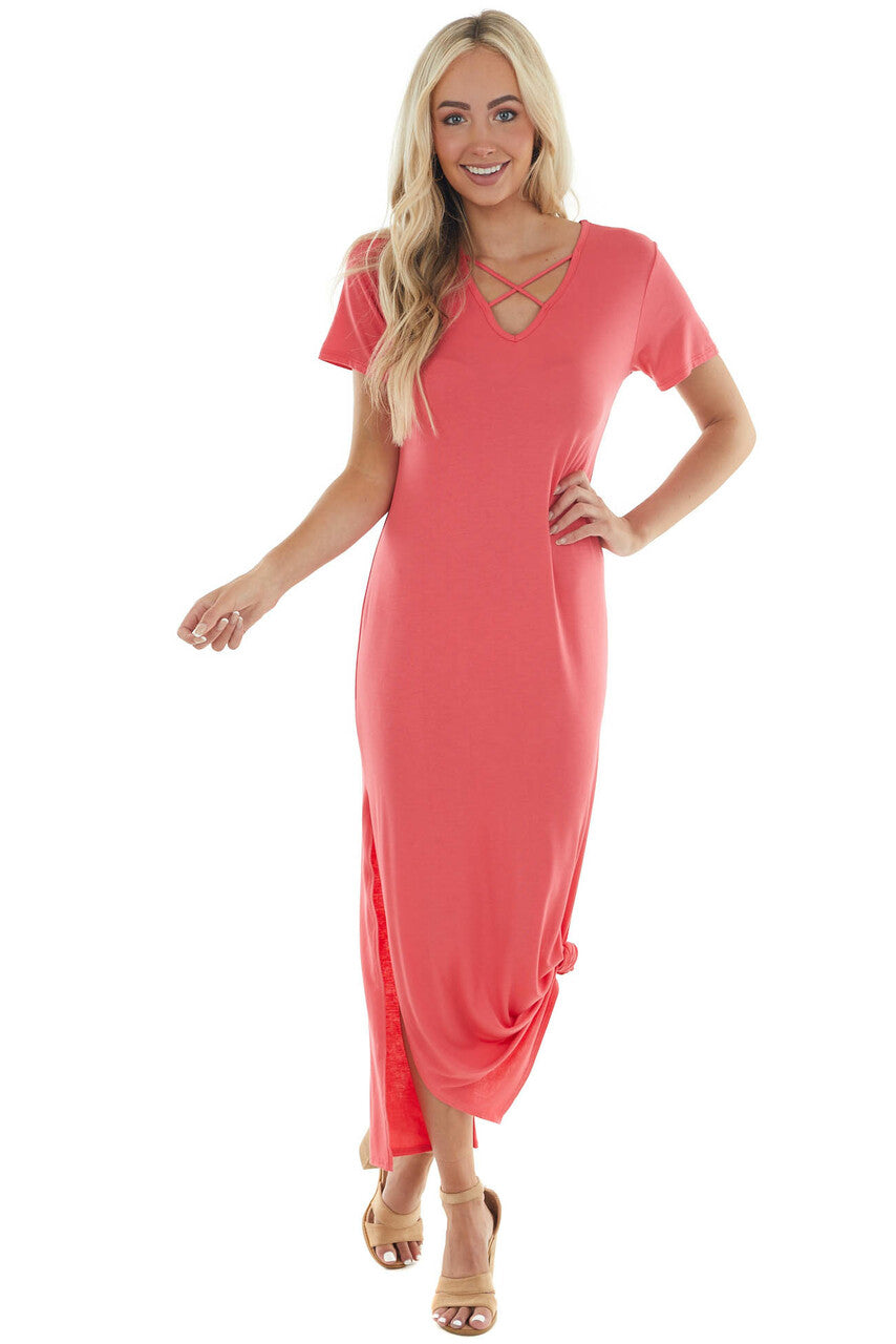 Watermelon Criss Cross V Neck Knit Maxi Dress