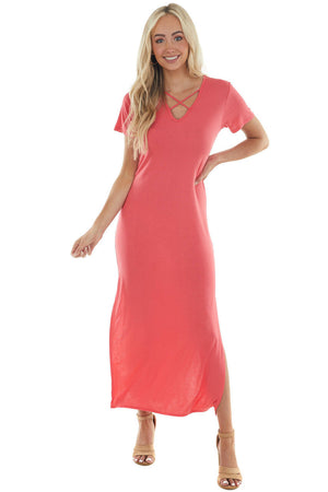 Watermelon Criss Cross V Neck Knit Maxi Dress