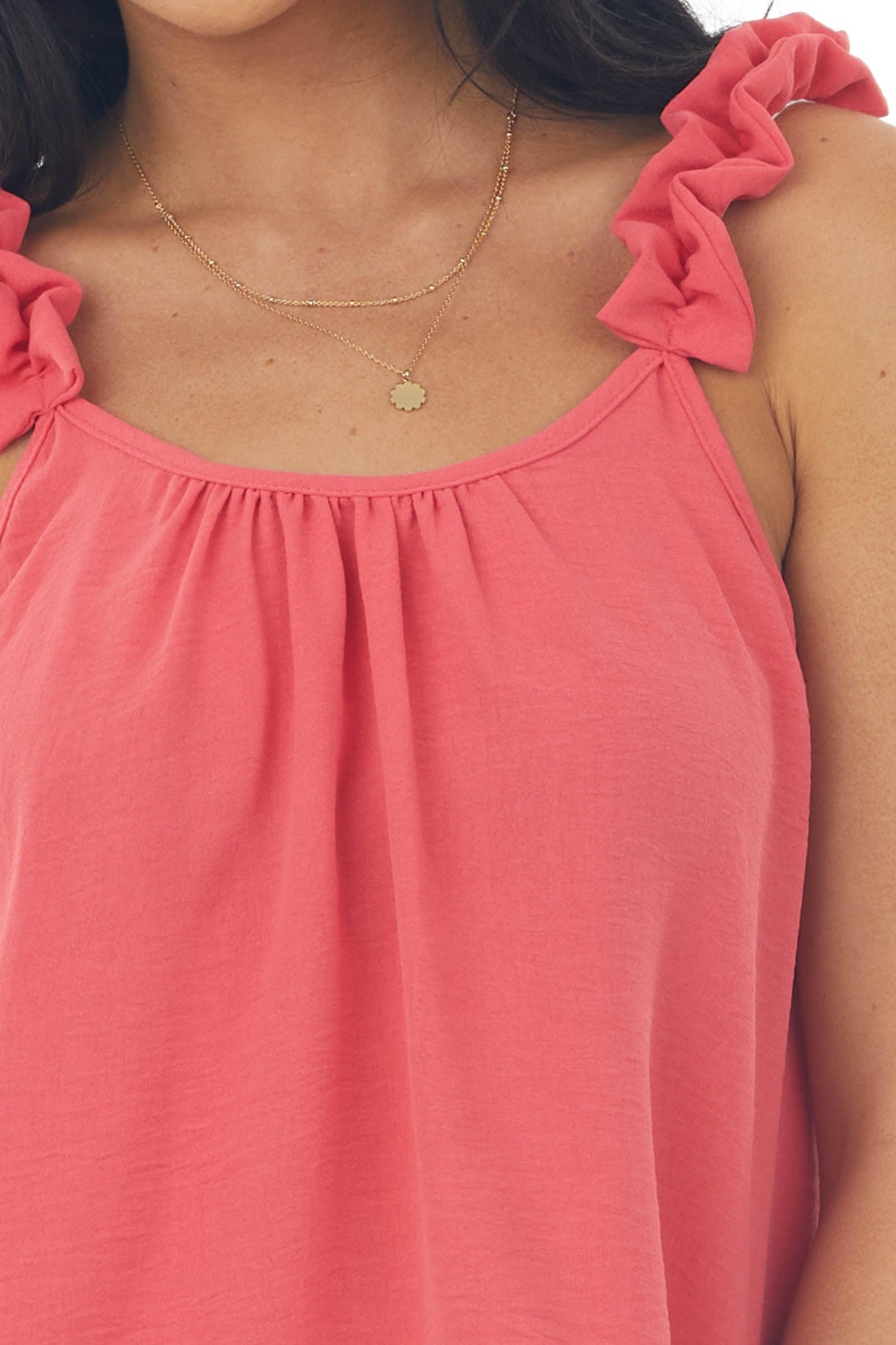 Watermelon Elastic Ruffle Strap Woven Tank Top