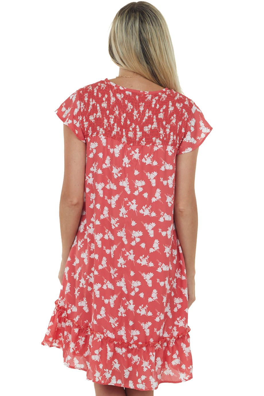 Watermelon Floral Print Smocked Yoke Short Dress