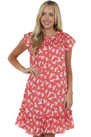 Watermelon Floral Print Smocked Yoke Short Dress