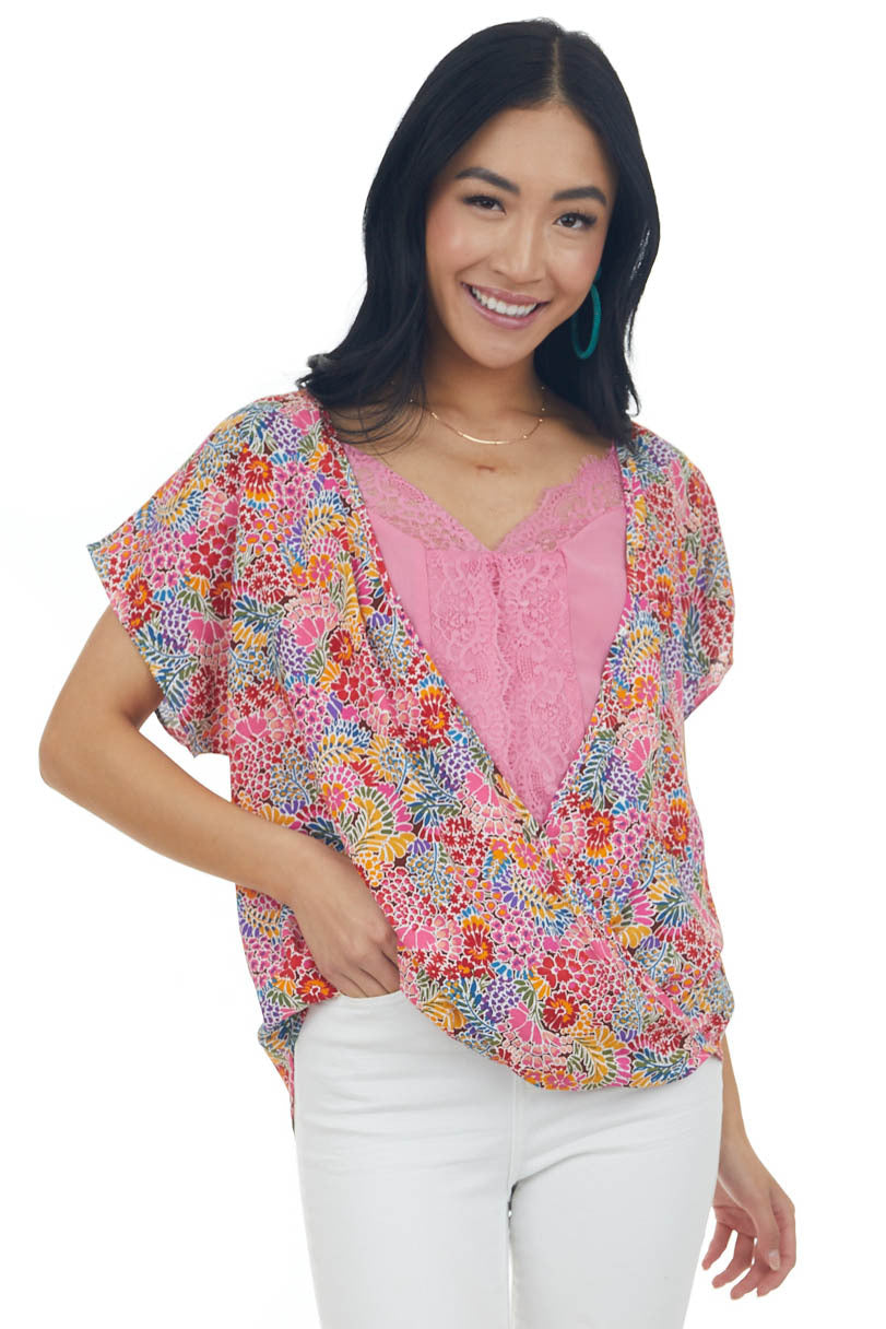 Watermelon Floral Print Surplice Blouse 
